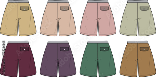 Colorful palette collection of casual knee-length shorts, a versatile fashion technical flat sketch for apparel design and mockups