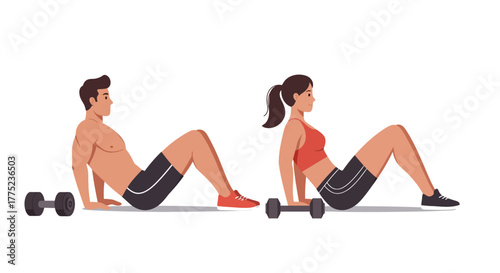 A man and a woman in athletic gear sitting on the floor preparing for a dumbbell workout.