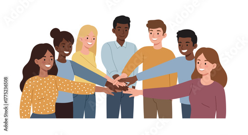 A diverse group of happy young people stacking their hands together as a symbol of unity, teamwork, and friendship.