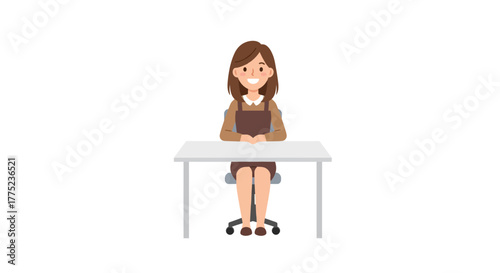 A cheerful cartoon woman with brown hair sitting at a white desk on a plain background.