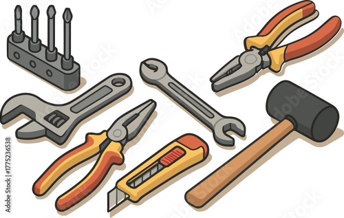 Isometric flat icon set of essential hand tools for interior fit-out and carpentry work