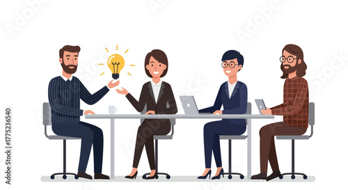 A team of business people in a meeting brainstorming and sharing a new creative idea represented by a lightbulb.