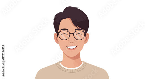 Illustrated portrait of a happy young East Asian man with dark hair and glasses smiling against a white background.
