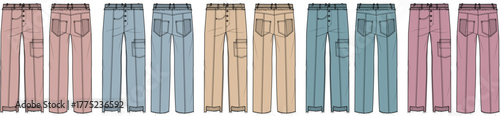 Diverse array of illustrated casual trousers in various shades, offering versatile fashion design elements for clothing mockups, garment production, and textile presentations