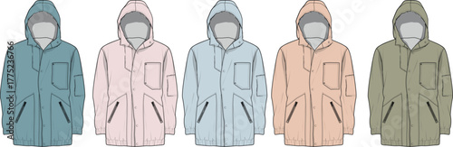 Set of five different colored winter jackets for men and women, graphic illustration