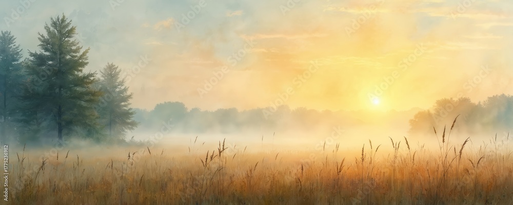 Fototapeta premium Abstract watercolor painting shows foggy meadow landscape at sunrise. Golden sun glows through dense mist over field of tall grass. Tranquil serene nature scene with trees in background. Peaceful