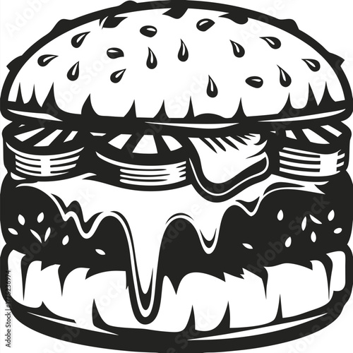 Detailed black and white burger reveals layers of toppings and sesame seeds on the bun