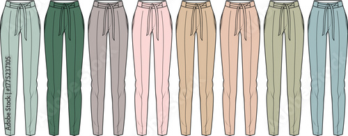 Fashion technical flat sketch of women's jogger pants. A versatile collection of comfortable loungewear in a muted color palette