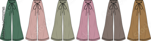 Set of wide-leg trousers with a drawstring waist, presented in multiple colorways. A technical fashion flat sketch vector template for apparel design