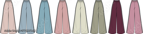 Diverse collection of women's fashionable wide-leg pants, presented in an array of elegant colors, offering versatile and comfortable apparel for modern styling