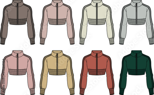 Set of women's cropped track jackets with long sleeves and a high neck zipper, shown in multiple color palettes. Fashion technical flat illustration for apparel design
