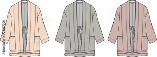 Women's kimono jacket technical flat fashion sketch set. Vector illustration apparel design template and clothing garment concept in multiple colorways