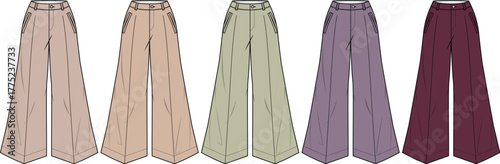 Women's flared trousers fashion flat sketch set. Technical drawing of high-waist palazzo pants in a varied color palette