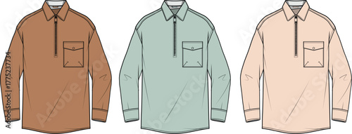 Set of three color variations of a long-sleeve quarter-zip pullover shirt with a chest pocket. Fashion technical flat sketch for apparel design and clothing manufacturing templates