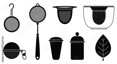 Collection of tea accessories, including infusers, strainers, and a tea leaf