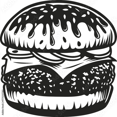 Black and white monochrome features a mouth watering burger with onions and cheese