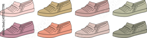Set of casual slip-on loafers with fringe detail, illustrated in a variety of modern colors for fashion design concepts