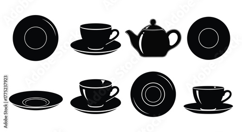 Elegant tea set with teapot, cup and saucer vector illustration of tableware