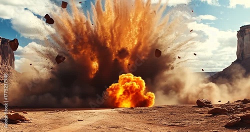 Large explosion in a desert landscape