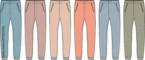 Set of colorful sweatpants jogger pants technical fashion flat sketch. Unisex sport trousers in various pastel colors. Vector illustration for clothing design and apparel mockups