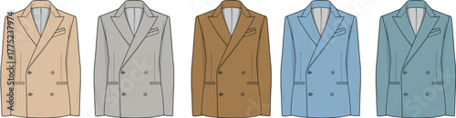 A stylish collection of men's classic double-breasted suit jackets in a range of colors, a flat vector illustration of formal menswear