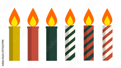 Christmas candles illustration set with colorful flat style holiday designs featuring striped and solid wax patterns in red, green, ivory, and gold, perfect for winter decorations.