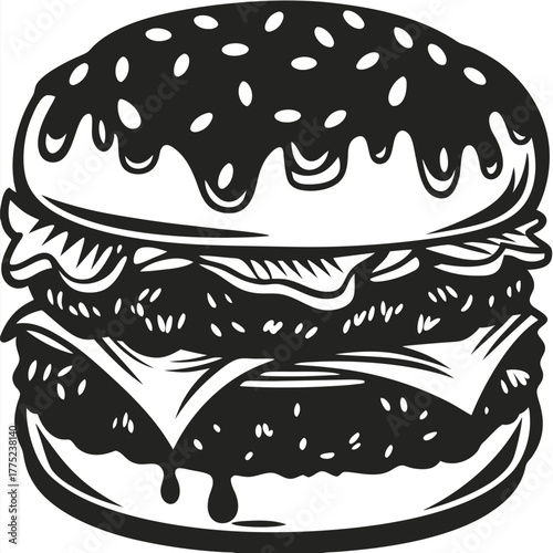 Black and white drawing displays a juicy double cheeseburger with dripping sauce on the side