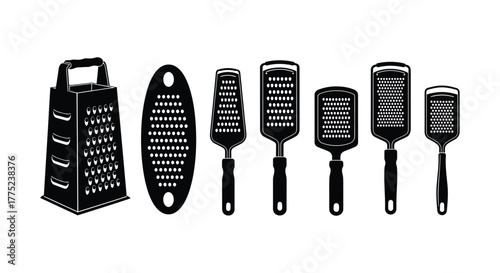 Collection of different types of graters, including box graters and handheld graters