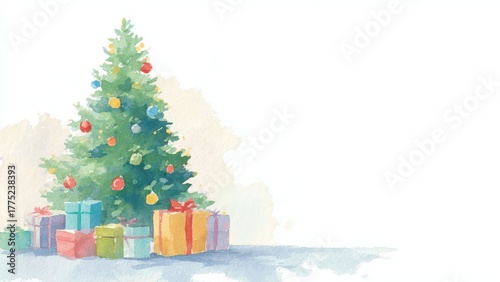 クリスマスツリーとプレゼント 水彩風イラスト 背景素材