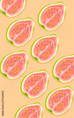 a pattern of pink and green half sliced guava fruit. Seeds of tropical fruit guava