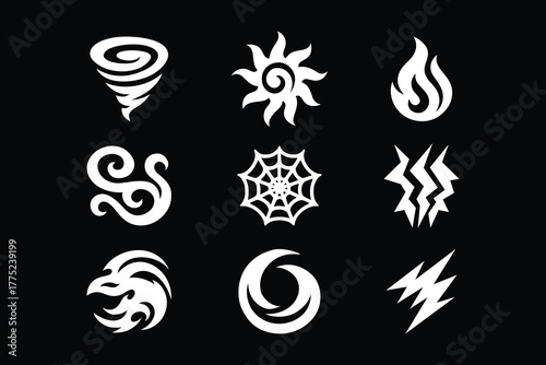Nature, energy, force, power, fantasy elemental solid icon element design set with fire, sun, storm, lightning, air, crescent, bolt, web, wind for gaming, sport, adventure