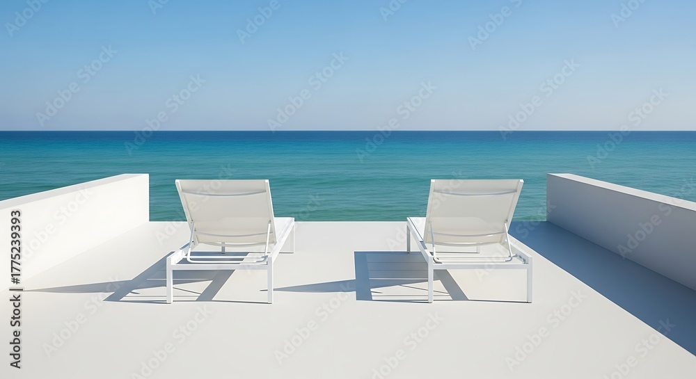 Fototapeta premium Two white lounge chairs overlooking the ocean on a sunny day.