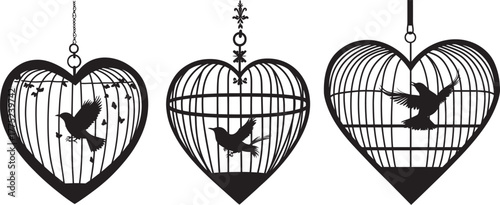 Black Silhouette of Heart-Shaped Cage with Bird Escaping Set vector