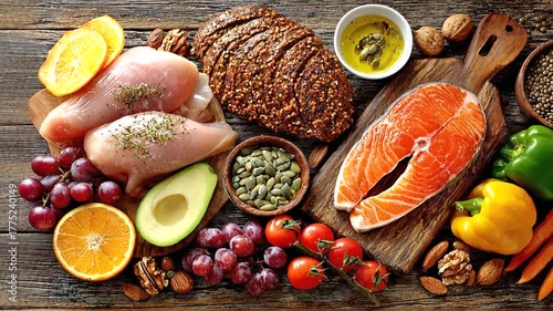Vibrant display of fresh produce, lean proteins, grains, and nuts on a wooden table