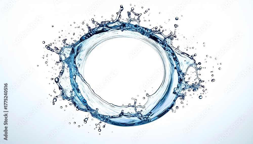 Fototapeta premium Dynamic Blue Water Splash Forming a Perfect Circle Against a Clean White Background with Tiny Droplets Suspended in Mid Air