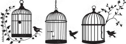 Silhouette of Birdcage With Open Door and Bird Set vector