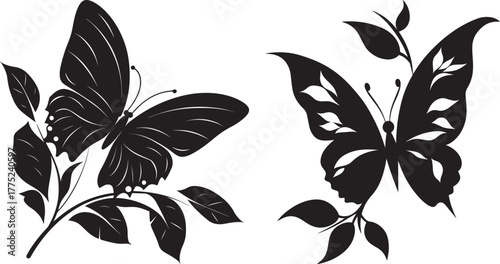 Silhouette of Butterfly with Leaves as Wings Set vector
