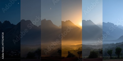 Time-lapse style scene of day turning to night over a mountain valley, nature and passage of time.