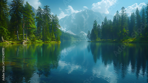 Tranquil Forest Lake with Wooden Pier and Sunlight Filtering through Lush Green Canopy, Capturing the Peaceful Atmosphere of a Serene Morning in Nature for High-Resolution Stock Photography