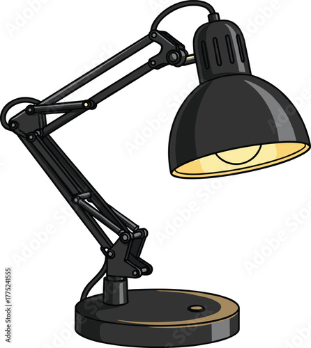Black adjustable desk lamp with glowing bulb, ideal for study, office work, reading, workspace design, vector illustration, minimalist lighting, productivity tools, home office decor