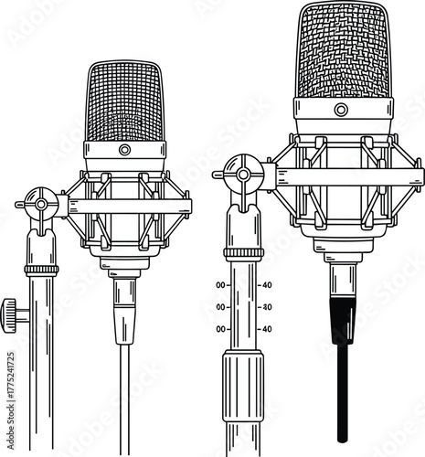Black and white line art of two professional studio condenser microphones with shock mounts, perfect for audio recording, podcasting, music production, voiceover, or broadcast equipment design