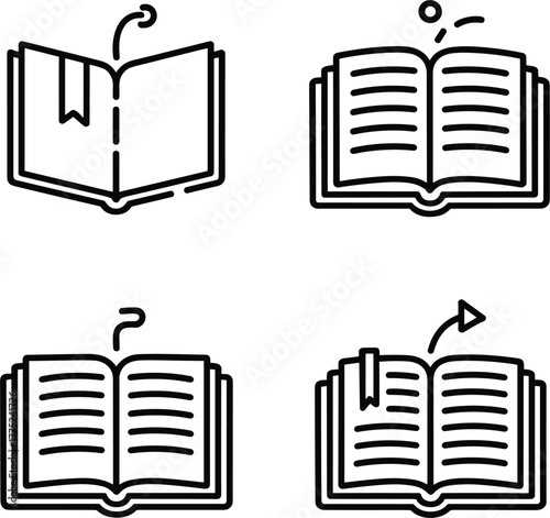 Open Book Outline Icon Set - Reading, Learning, Knowledge, and Education Line Vector Symbols