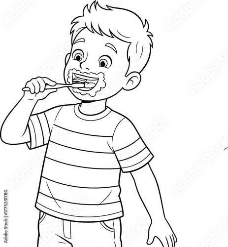Black and white line art of a happy boy brushing his teeth with toothpaste foam, perfect for dental hygiene, kids health, morning routine, educational posters, or coloring book content