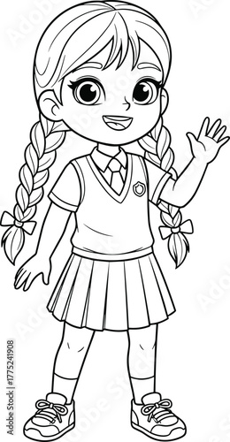 Cute cartoon schoolgirl with braided pigtails waving hello, wearing a uniform and skirt, perfect for educational materials, coloring pages, or children’s illustrations.