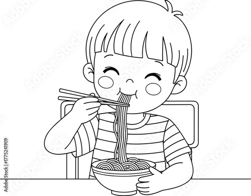 Cute child happily eating noodles with chopsticks, line art vector illustration for food culture, kids meals, Asian cuisine, parenting, and family dining themes