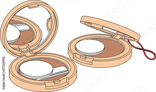 Compact makeup powder cases with mirrors and applicators, vector illustration for beauty, cosmetics, skincare, or fashion design, clean line art style
