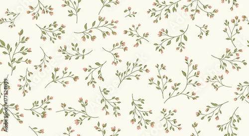 Delicate seamless pattern featuring tiny pink blossom buds and green leaves on scattered botanical branches against a soft cream background.