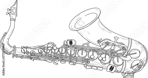 Detailed black and white line art illustration of a saxophone with keys, bell, and mouthpiece, perfect for music education, jazz themes, or coloring pages.