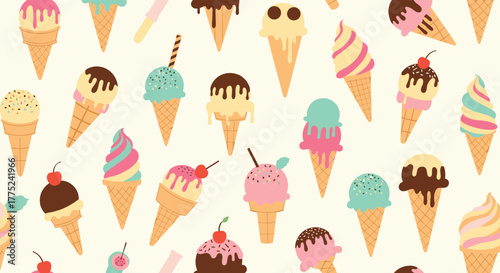Seamless pattern of colorful ice cream cones with dripping toppings and sprinkles.