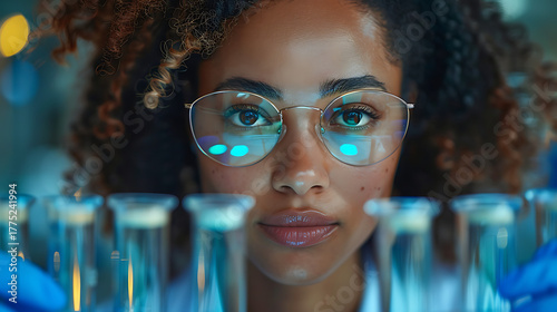 A scientist, wearing safety goggles, intently examines a chemical solution in a laboratory setting. The blue lighting creates a focused, professional atmosphere